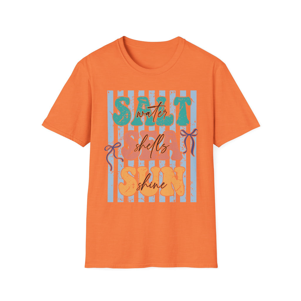 Beach Vibes T-Shirt — "Salt Water, Sea Shells, Sun" Retro Stripes