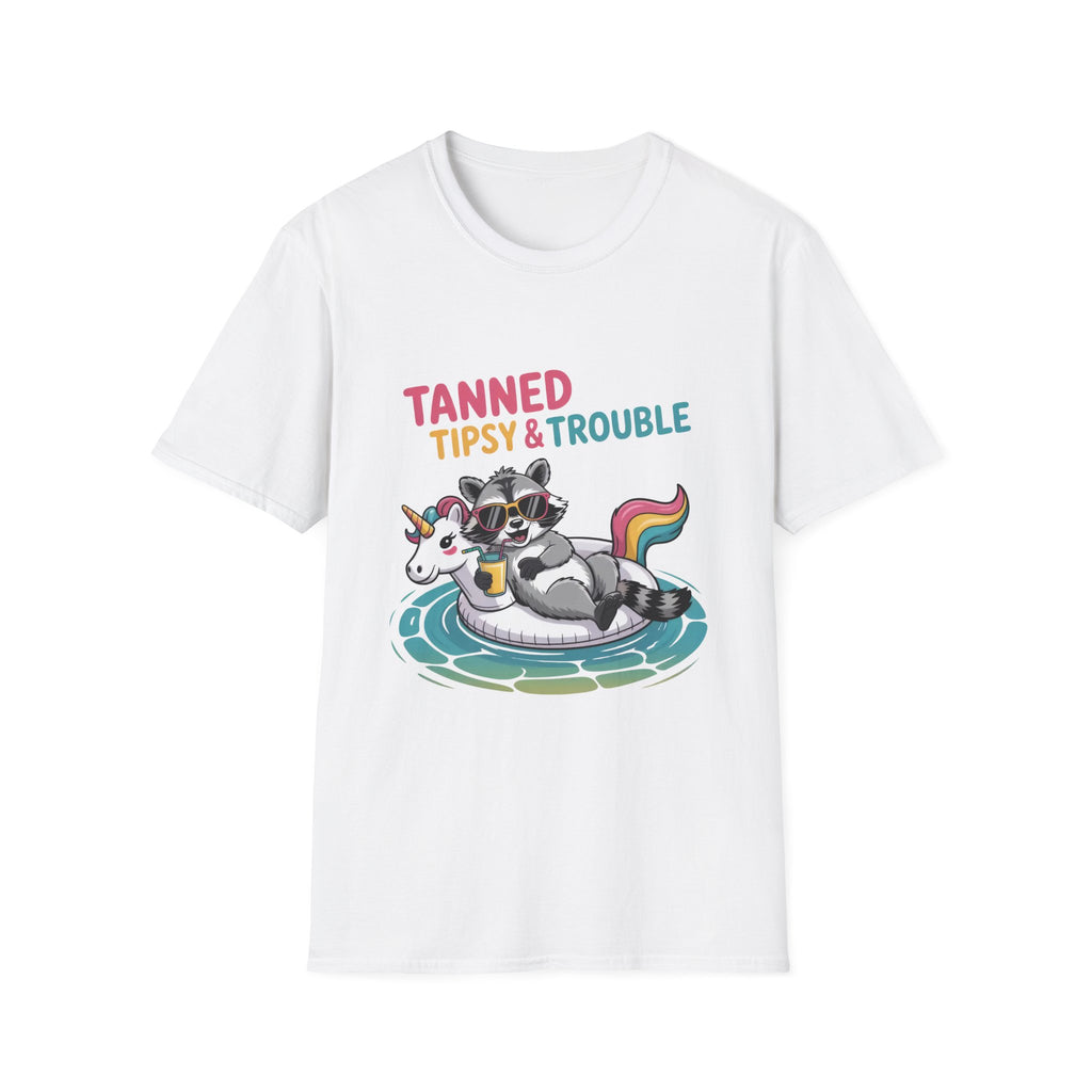 T-Shirt — "Tanned Tipsy & Trouble" Raccoon Summer Tee