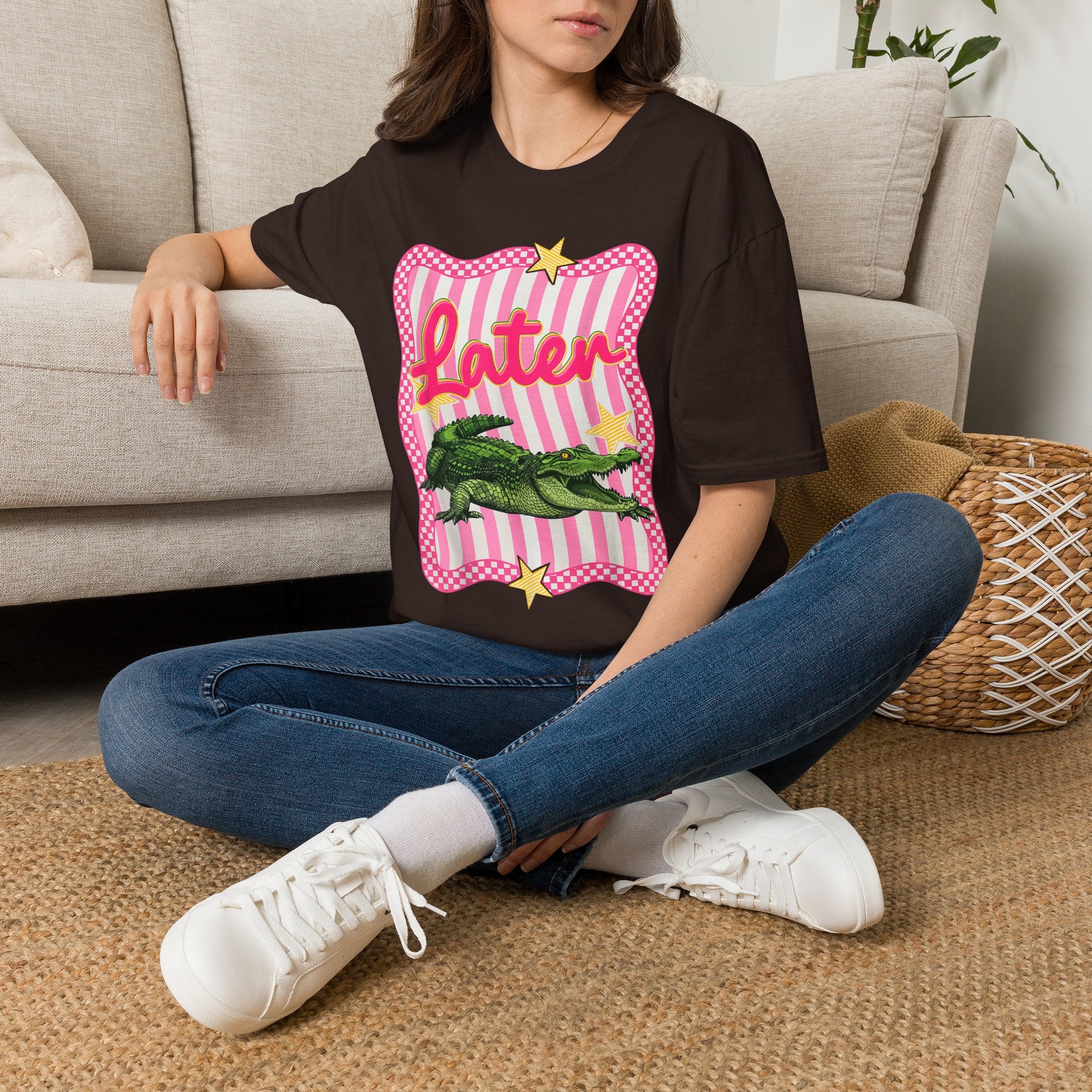 Later Graphic T‑Shirt — Retro Pink Stripe Alligator Design