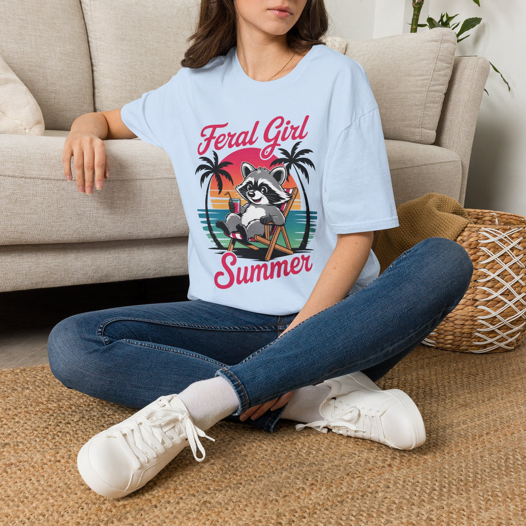 Feral Girl Summer T-Shirt — Retro Raccoon Beach Graphic Tee
