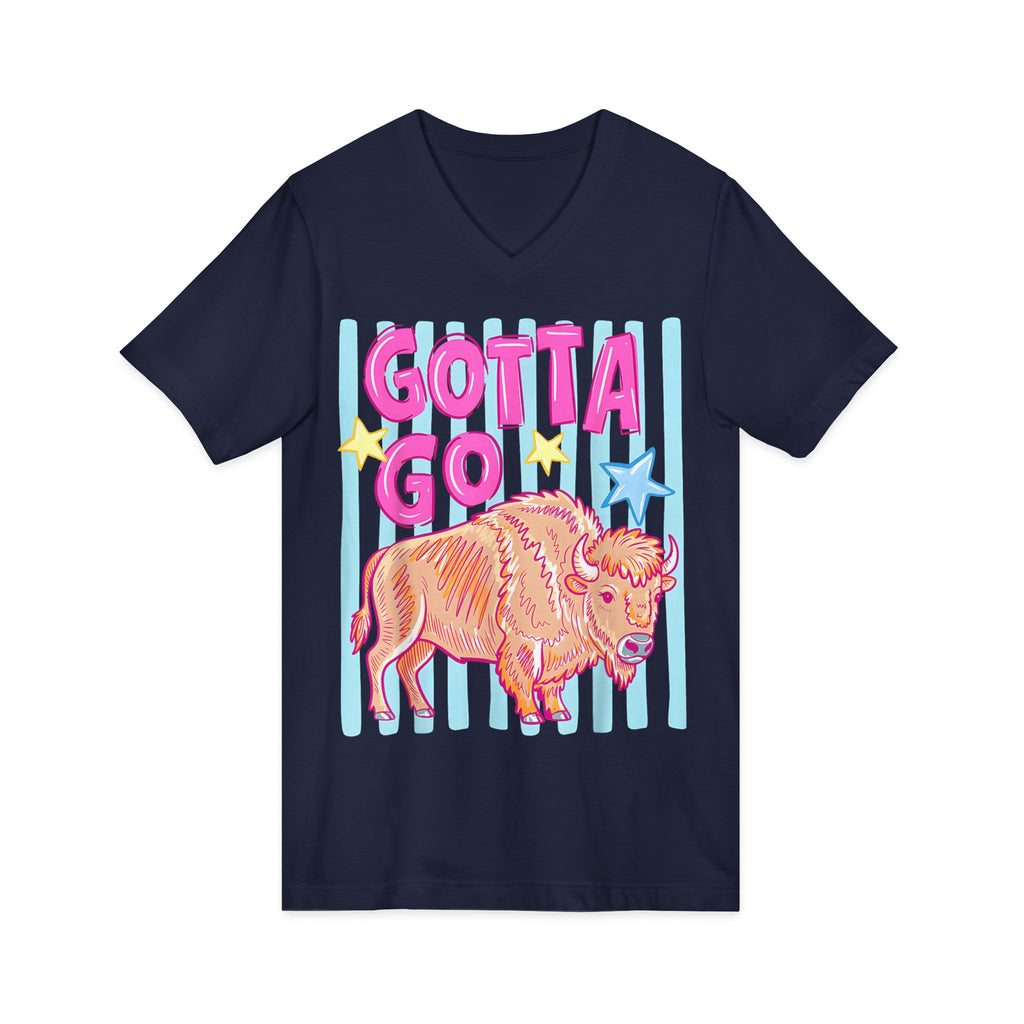 Gotta Go Buffalo V-Neck Tee — Retro Pastel Bison Graphic T-Shirt