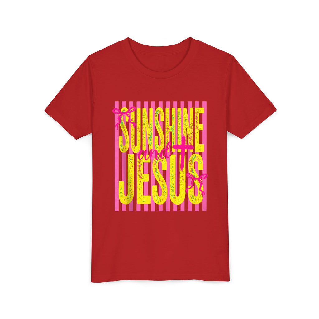 Youth Tee — "Sunshine and Jesus" Pink & Yellow Striped Christian Graphic