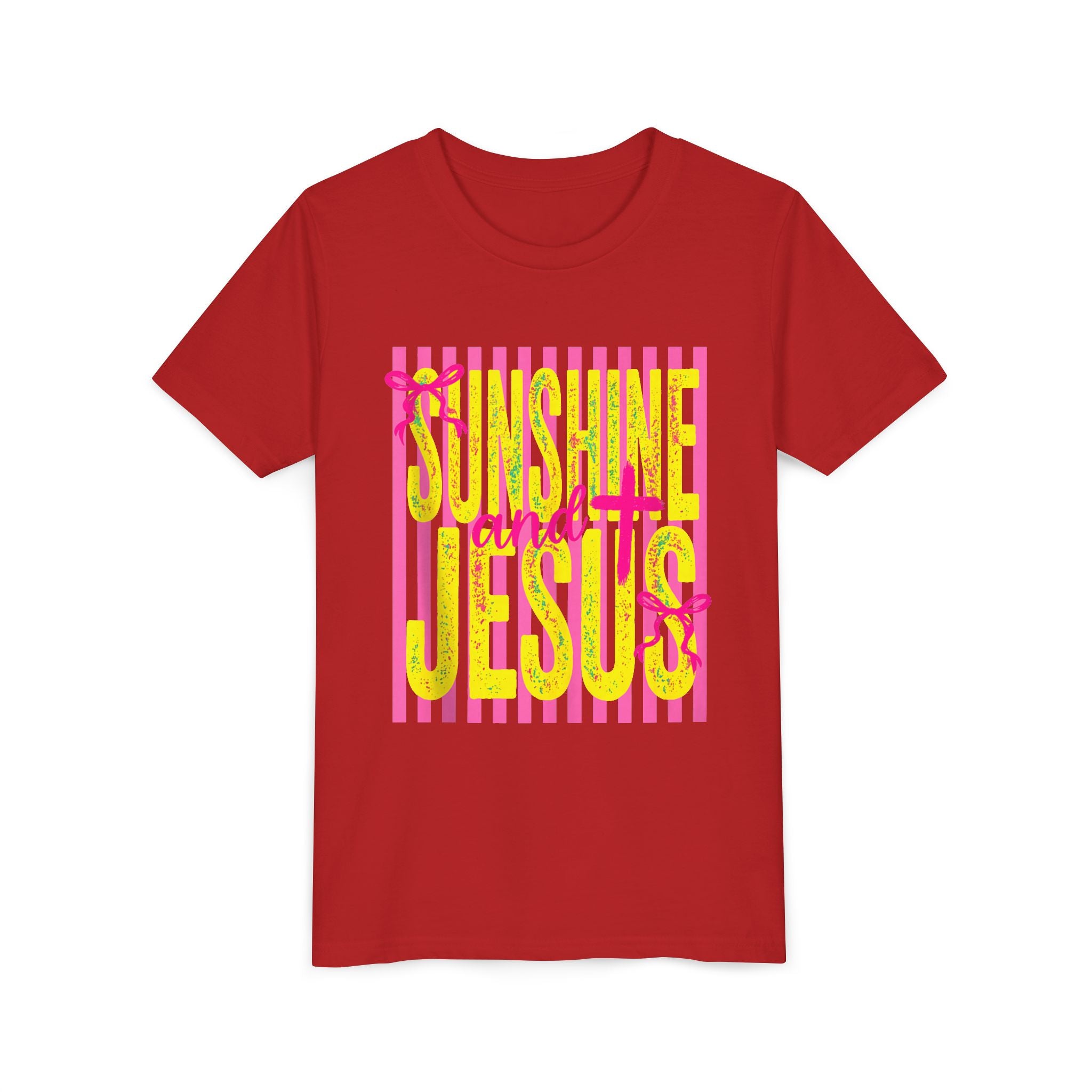 Youth Tee — "Sunshine and Jesus" Pink & Yellow Striped Christian Graphic