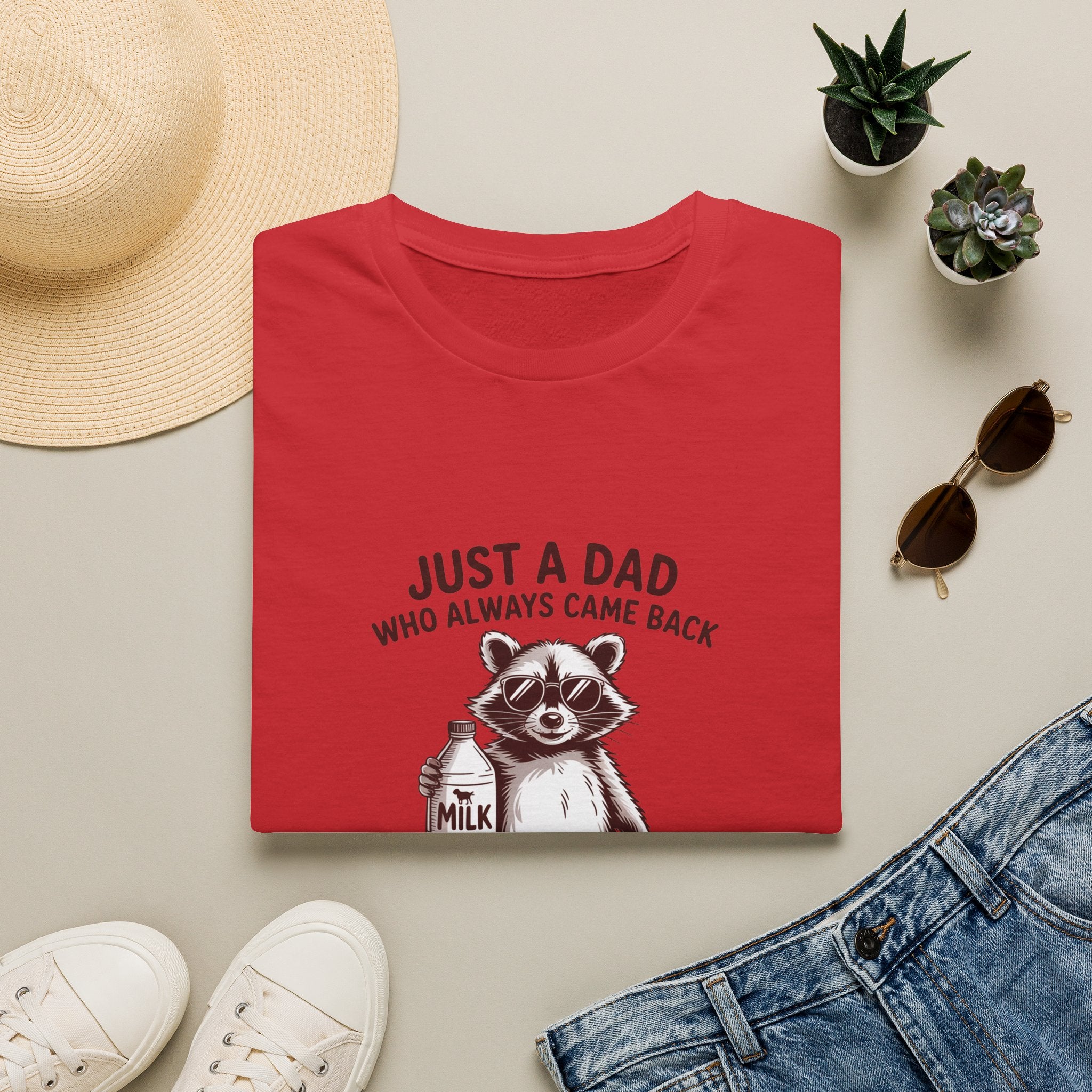 T-Shirt — "Just a Dad Who Always Came Back (With the Milk)" Cute Raccoon Father's Day Tee
