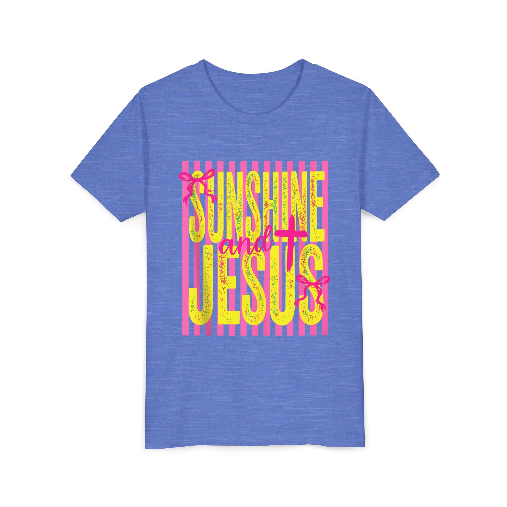 Youth Tee — "Sunshine and Jesus" Pink & Yellow Striped Christian Graphic