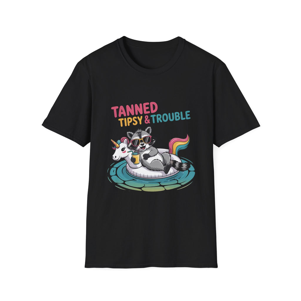 T-Shirt — "Tanned Tipsy & Trouble" Raccoon Summer Tee