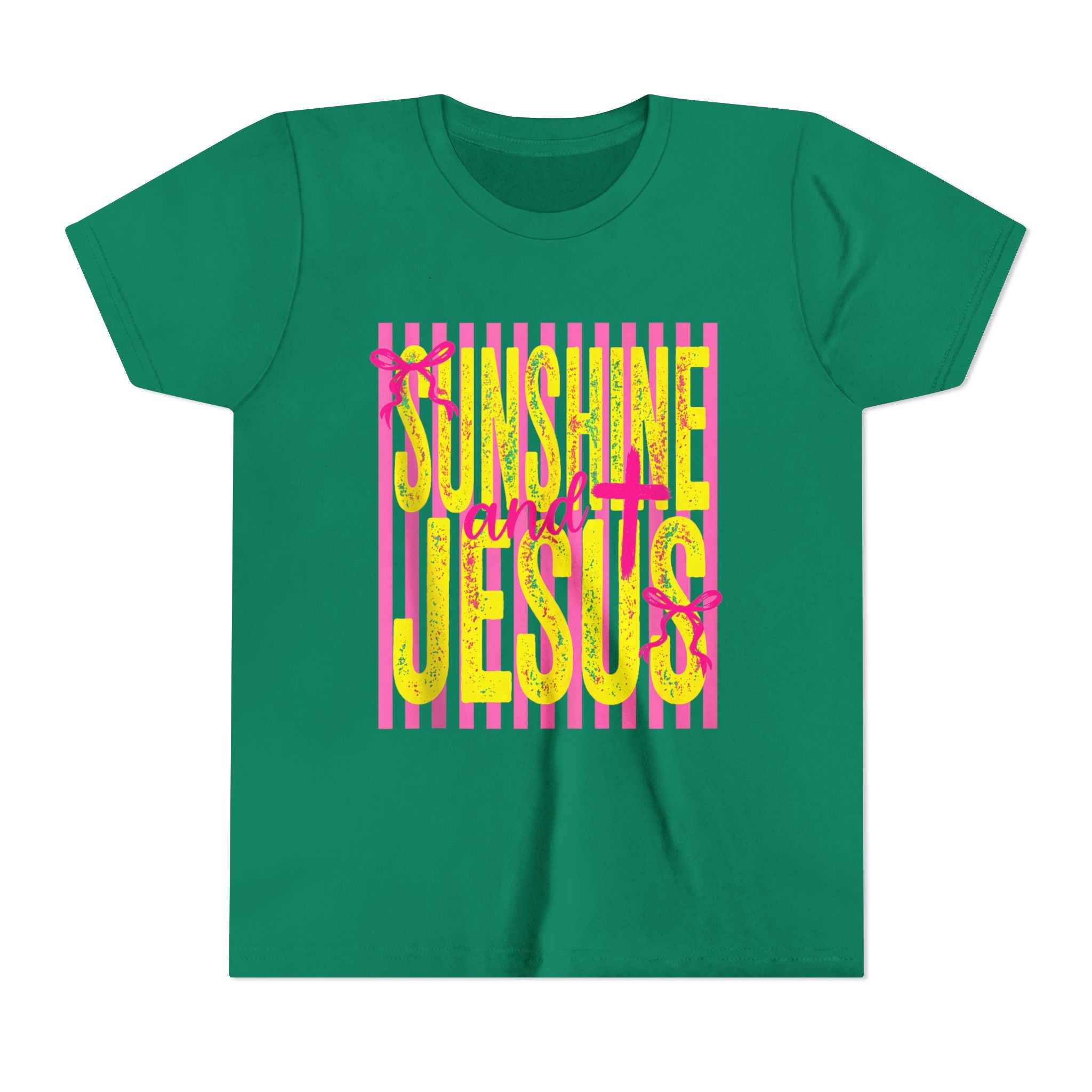 Youth Tee — "Sunshine and Jesus" Pink & Yellow Striped Christian Graphic