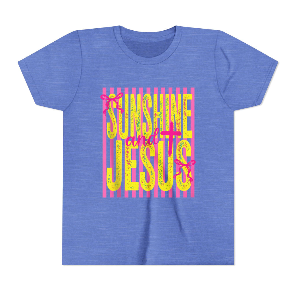 Youth Tee — "Sunshine and Jesus" Pink & Yellow Striped Christian Graphic