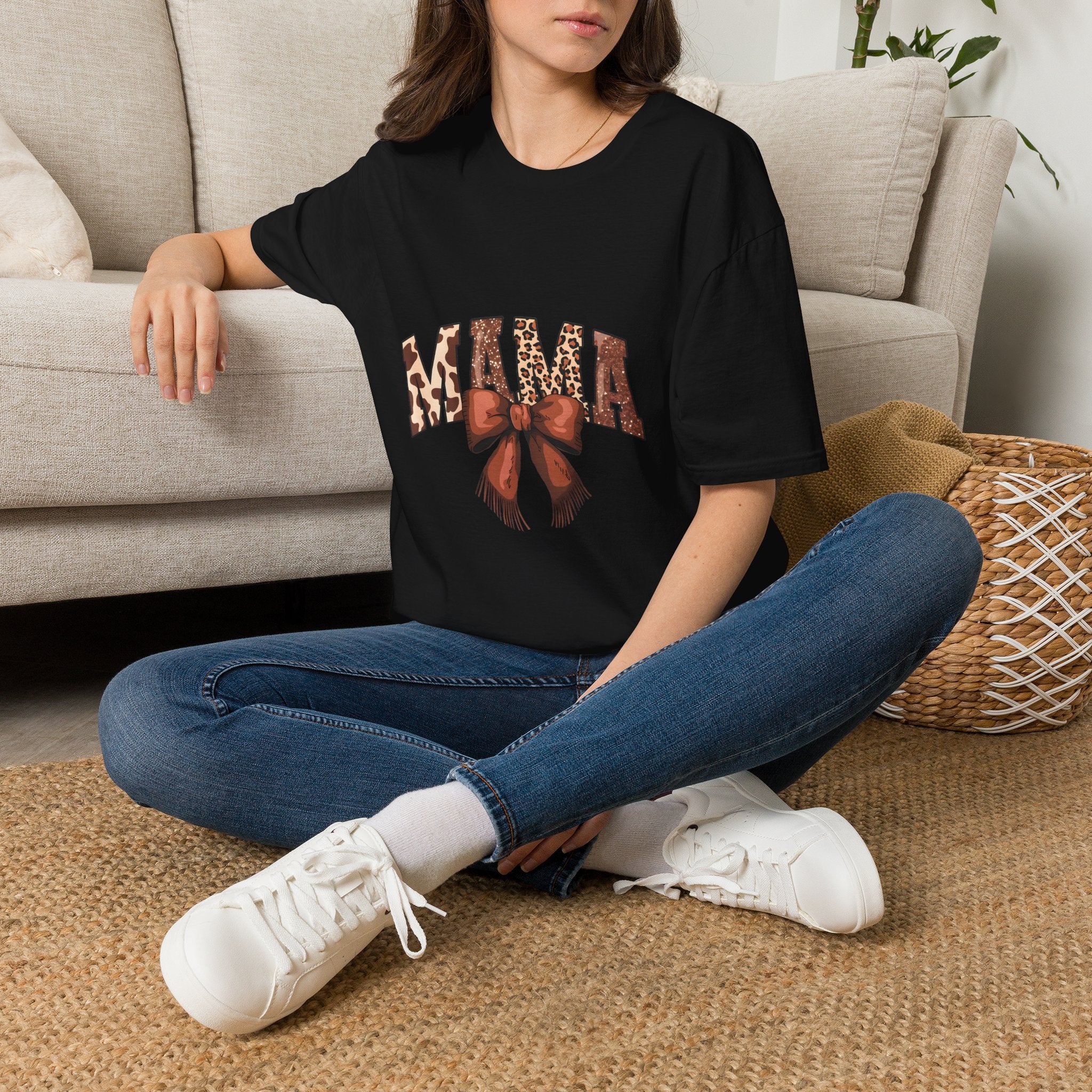 Mama Leopard Bow T-Shirt — Floral Leopard Print "MAMA" Graphic Tee for Moms
