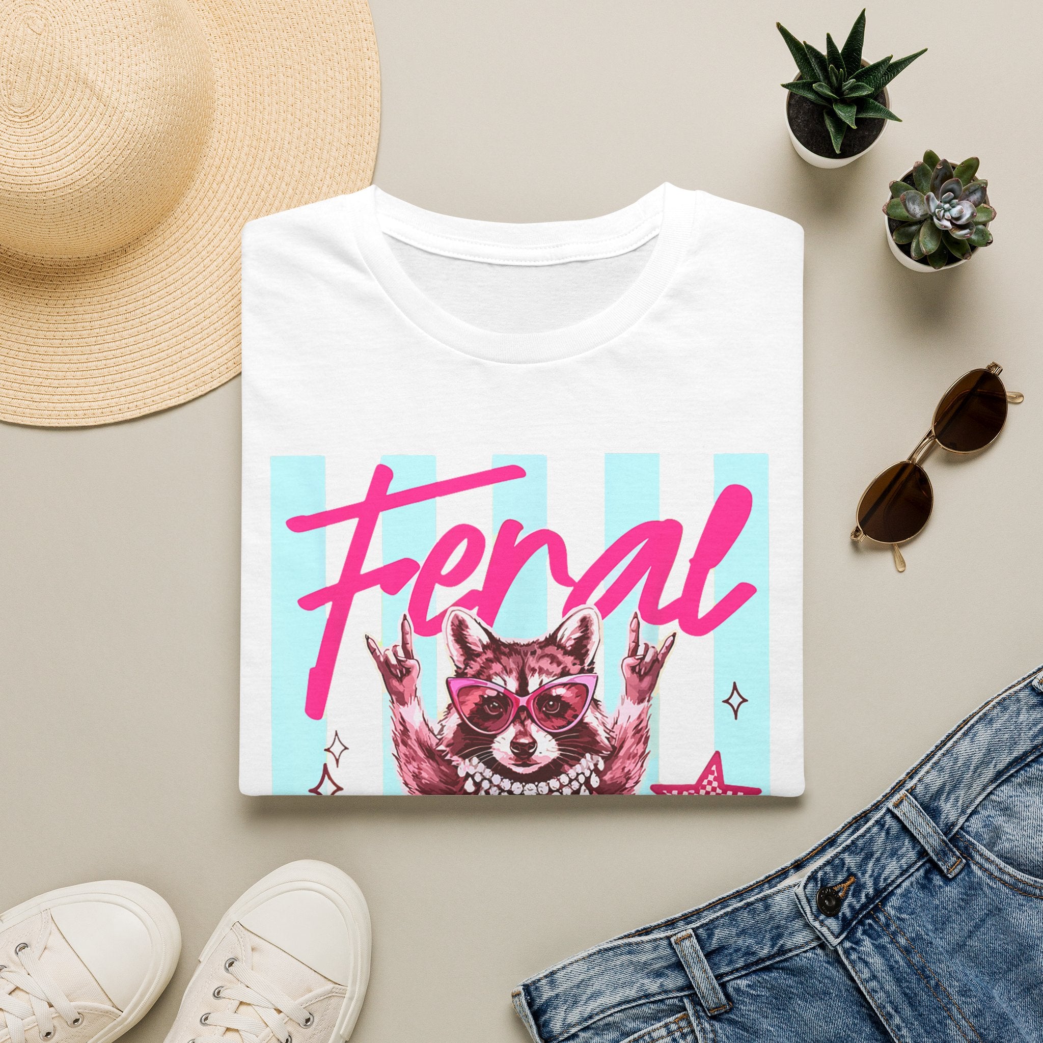Feral Raccoon Graphic T-Shirt — Retro Pink & Teal Cute Punk Tee