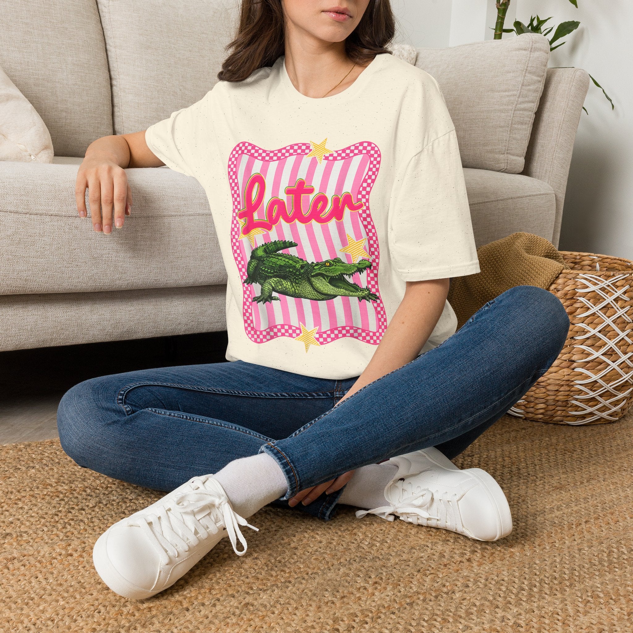 Later Graphic T‑Shirt — Retro Pink Stripe Alligator Design