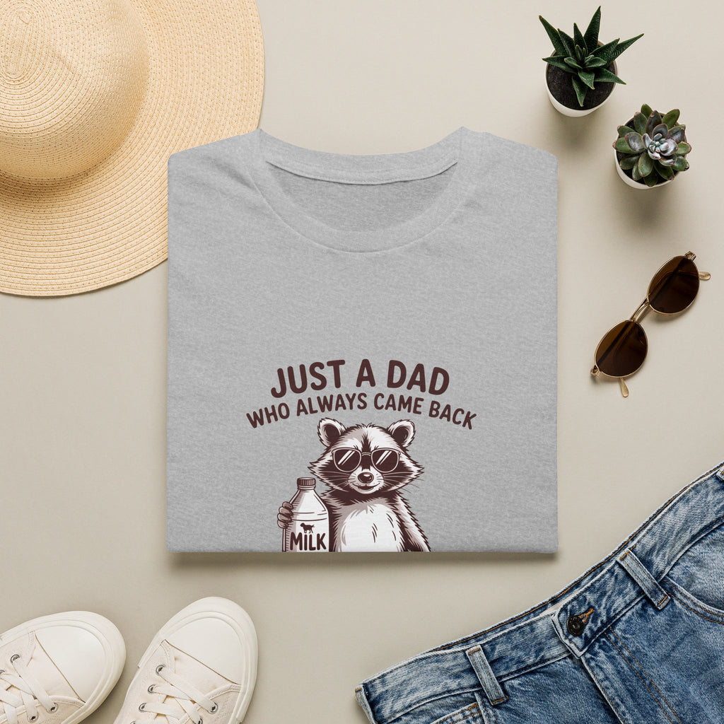 T-Shirt — "Just a Dad Who Always Came Back (With the Milk)" Cute Raccoon Father's Day Tee
