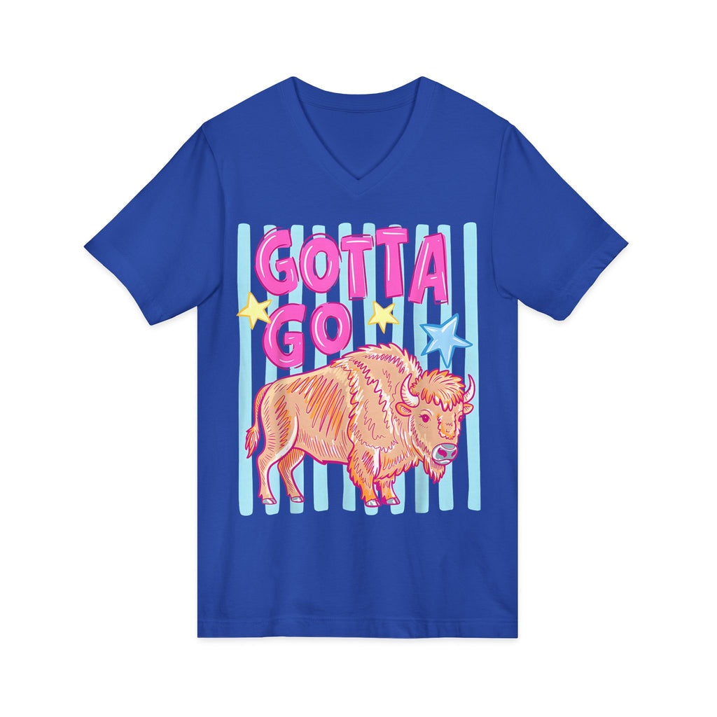 Gotta Go Buffalo V-Neck Tee — Retro Pastel Bison Graphic T-Shirt
