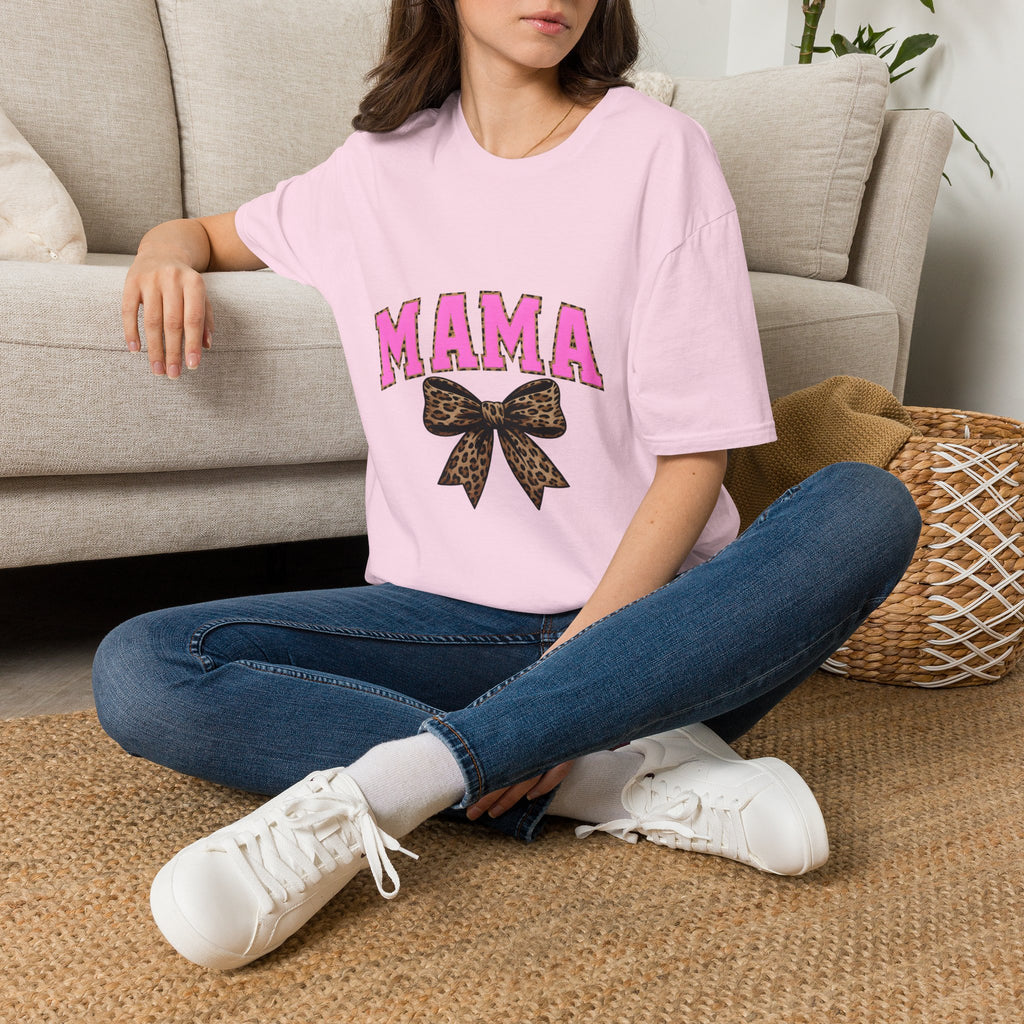 Mama Shirt — Pink Leopard Bow Graphic Tee for Moms