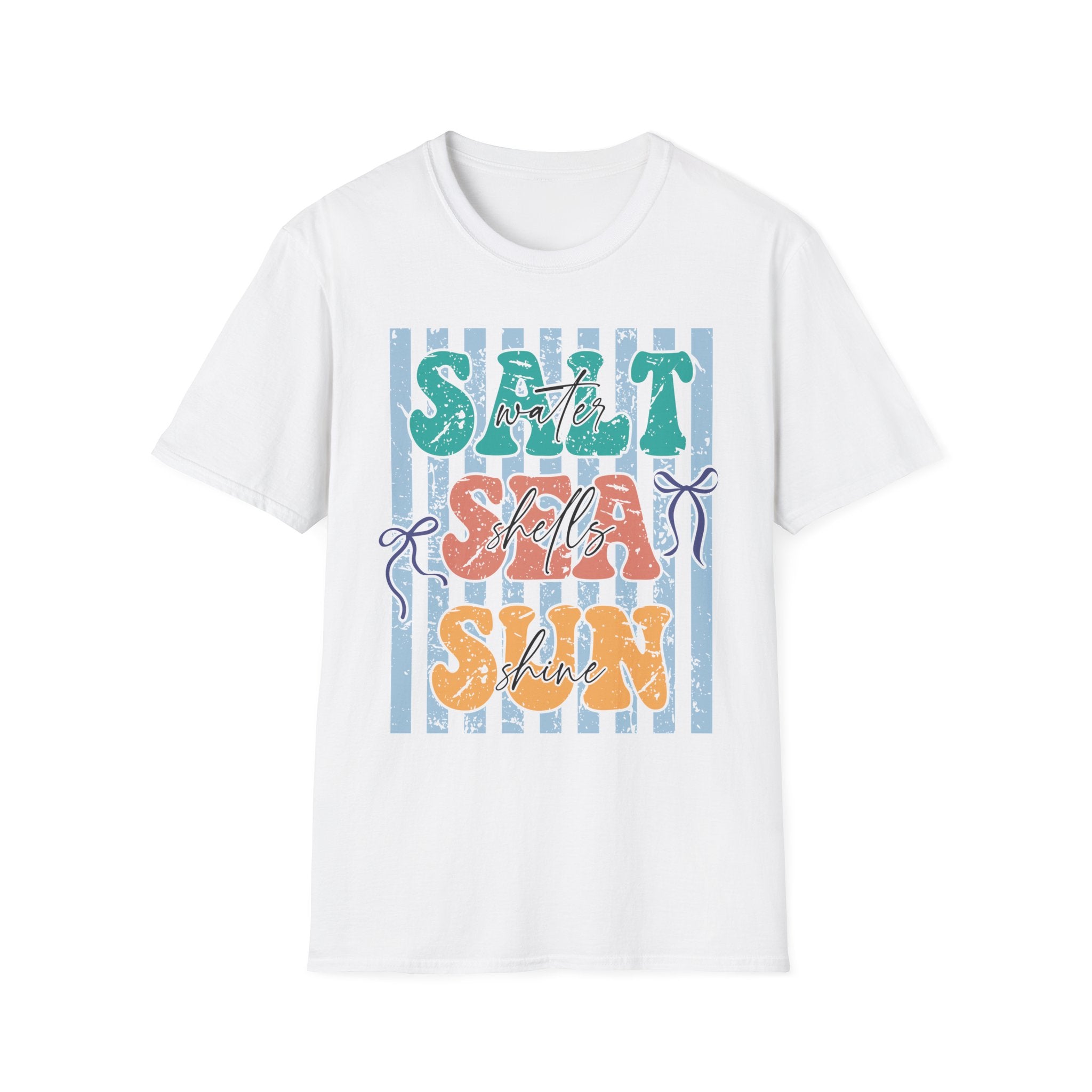 Beach Vibes T-Shirt — "Salt Water, Sea Shells, Sun" Retro Stripes