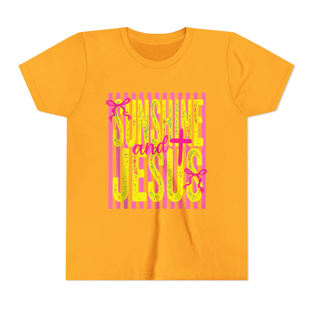 Youth Tee — "Sunshine and Jesus" Pink & Yellow Striped Christian Graphic