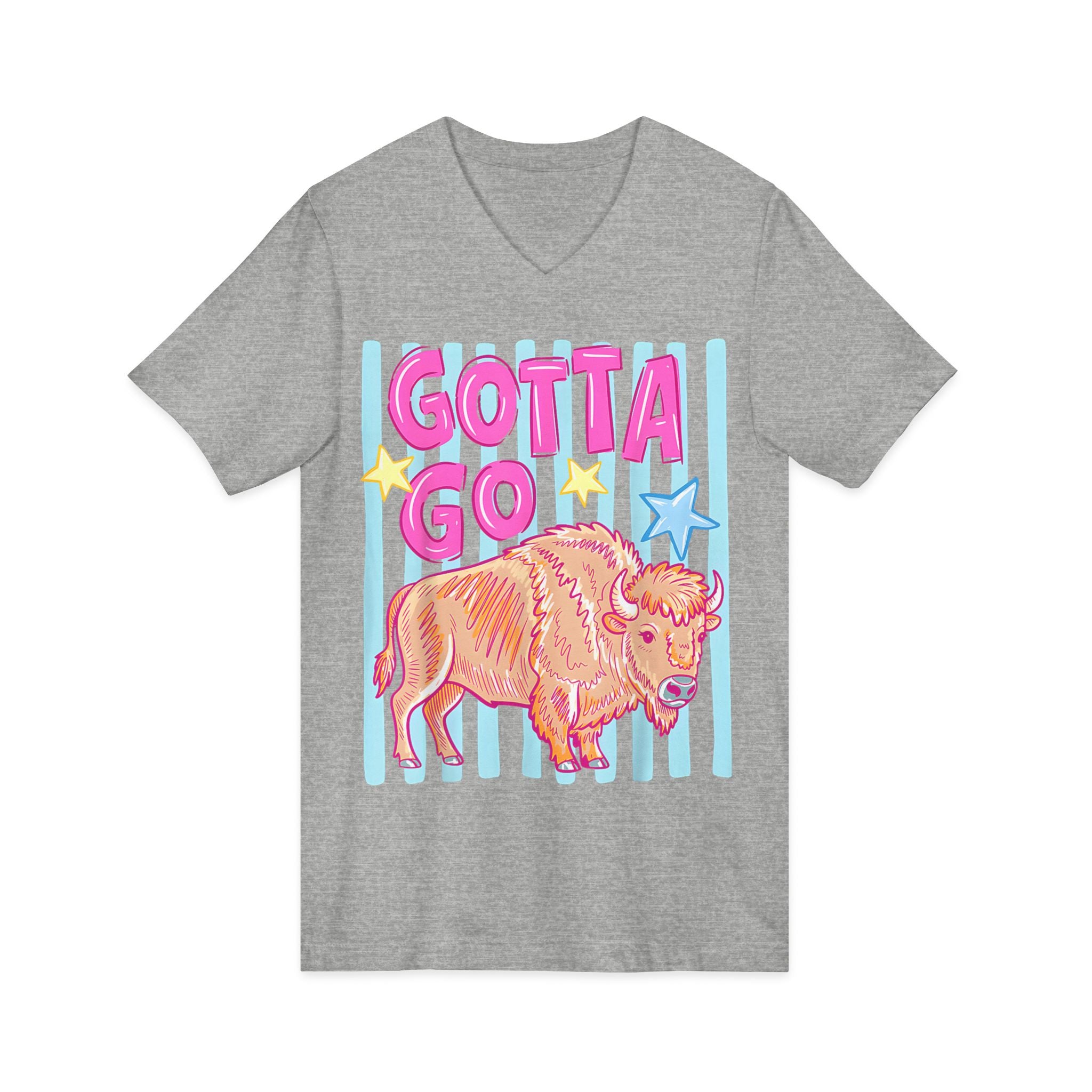 Gotta Go Buffalo V-Neck Tee — Retro Pastel Bison Graphic T-Shirt