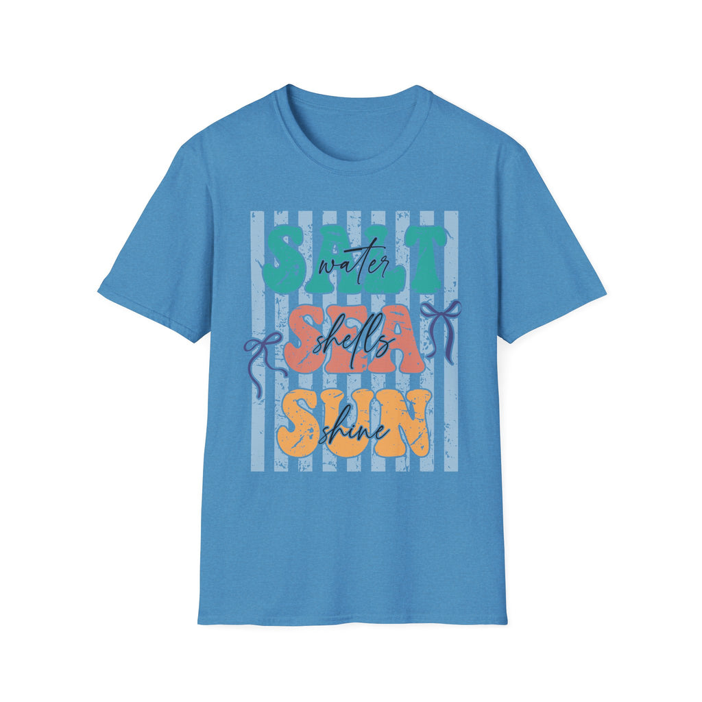 Beach Vibes T-Shirt — "Salt Water, Sea Shells, Sun" Retro Stripes