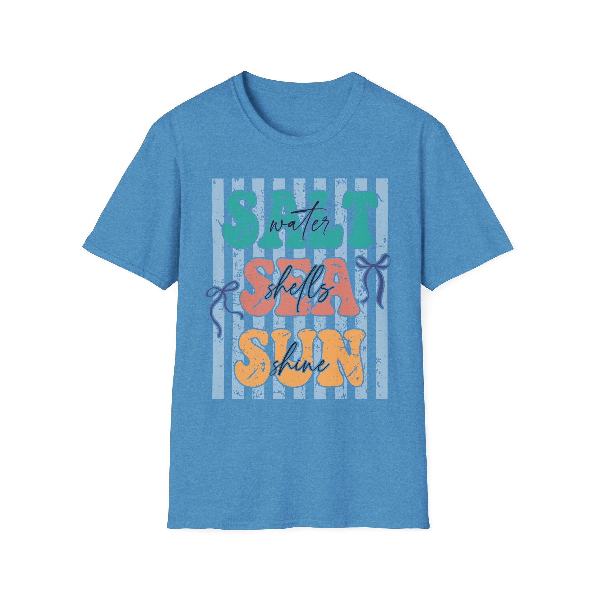 Beach Vibes T-Shirt — "Salt Water, Sea Shells, Sun" Retro Stripes