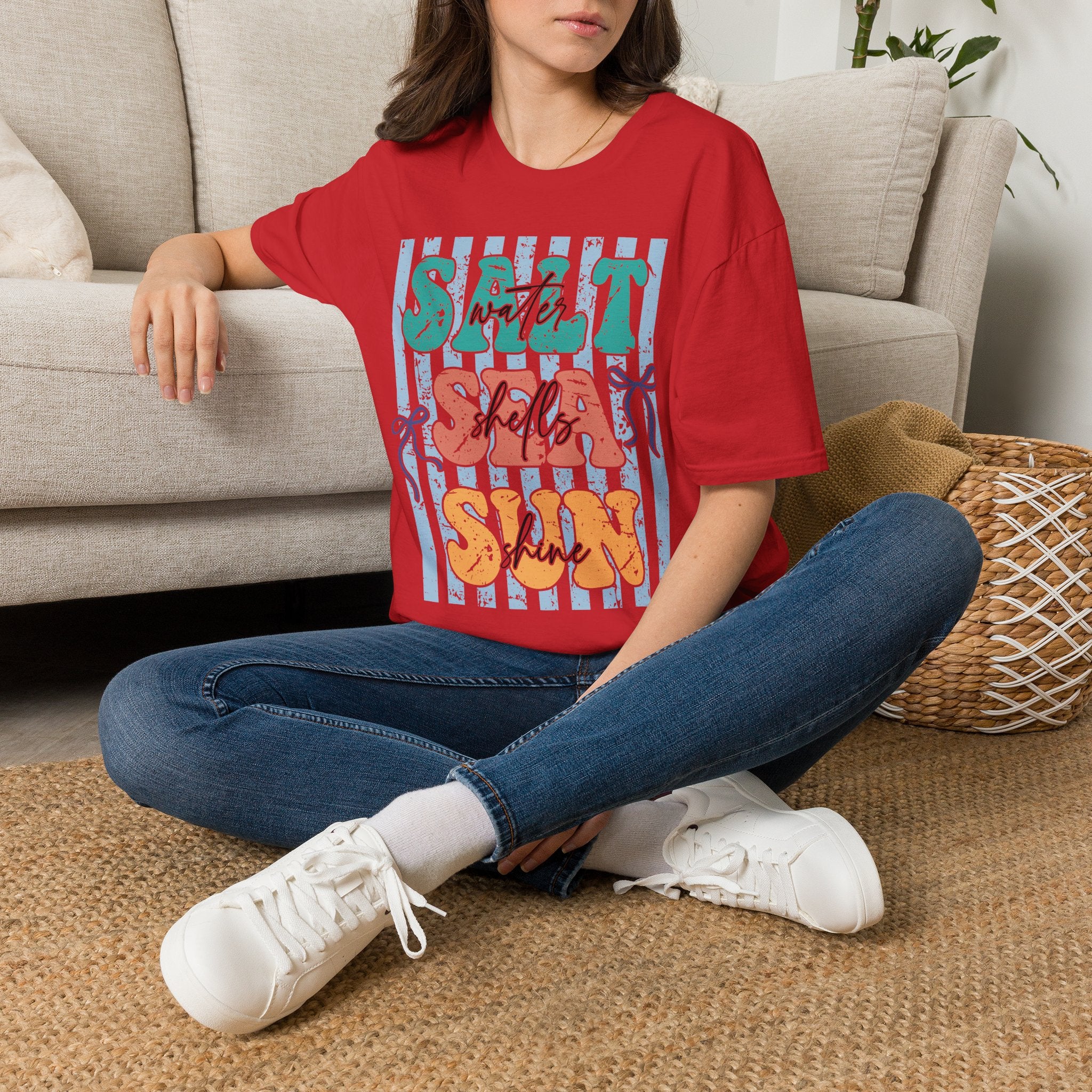 Beach Vibes T-Shirt — "Salt Water, Sea Shells, Sun" Retro Stripes