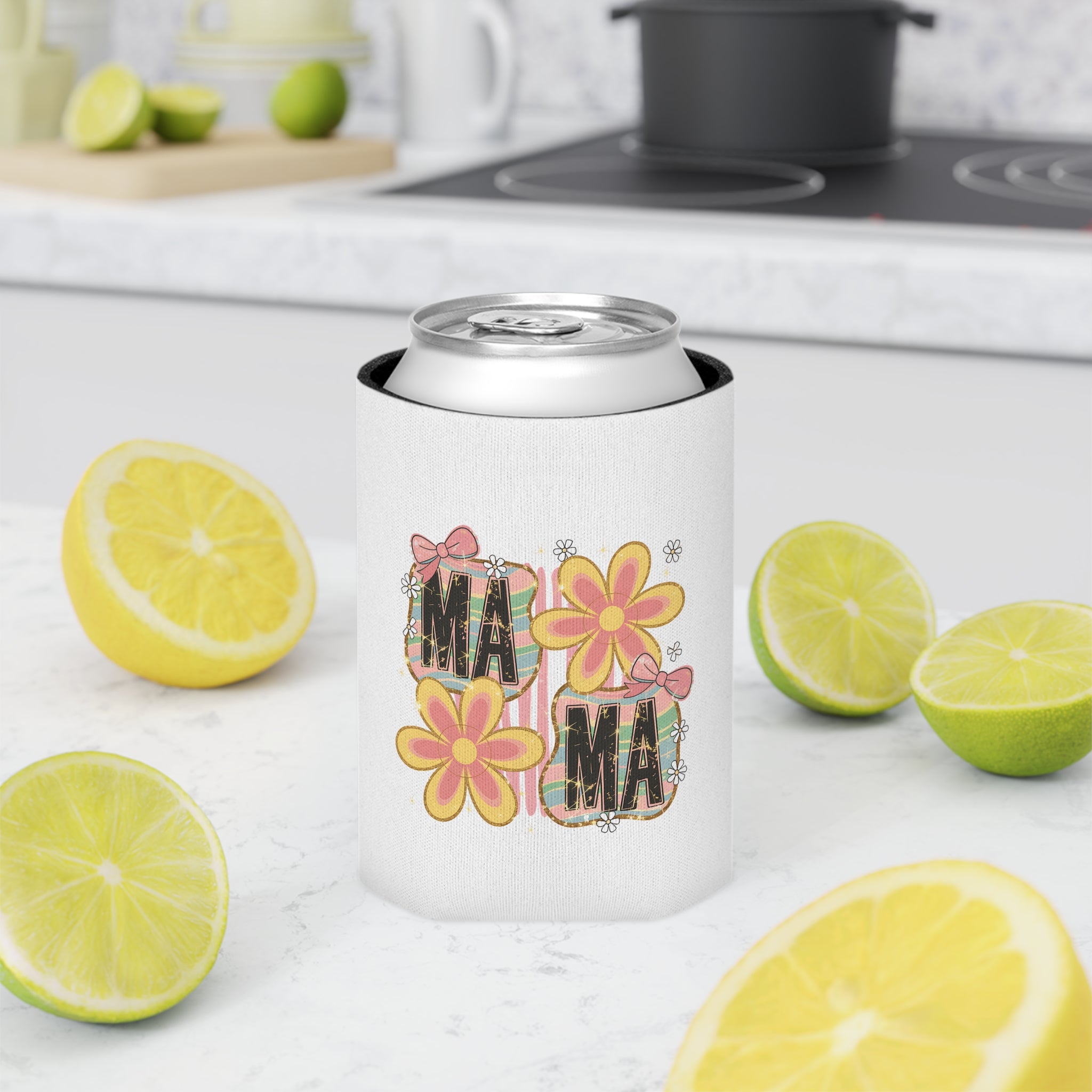Mama Floral Can Cooler – Retro Pink & Yellow Flower Drink Koozie