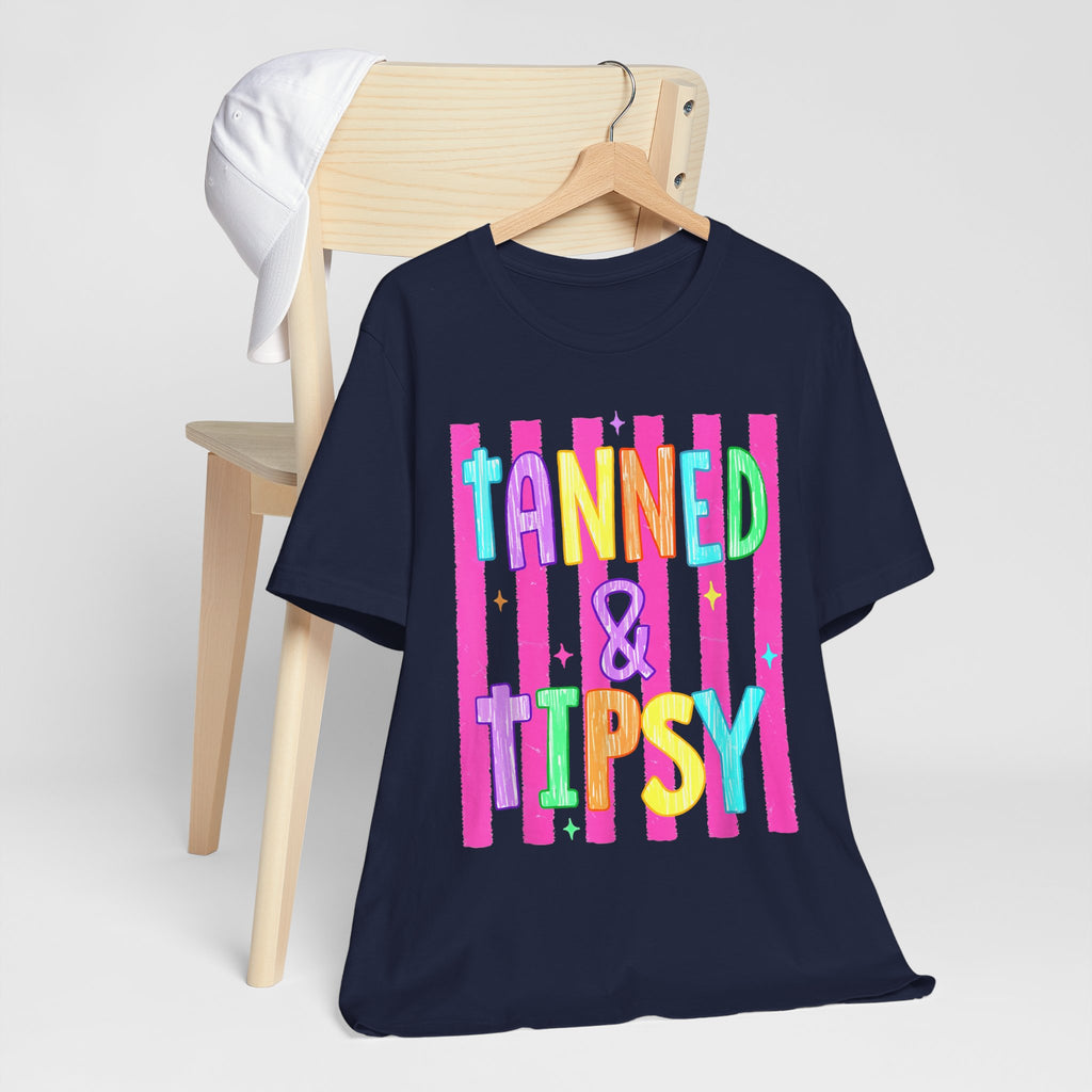 T-Shirt — "Tanned & Tipsy" Colorful Beach Party Graphic Tee