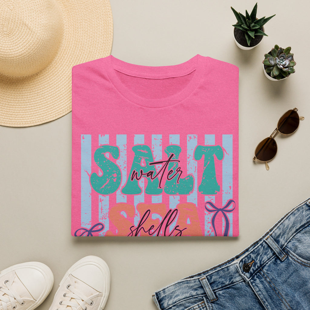 Beach Vibes T-Shirt — "Salt Water, Sea Shells, Sun" Retro Stripes