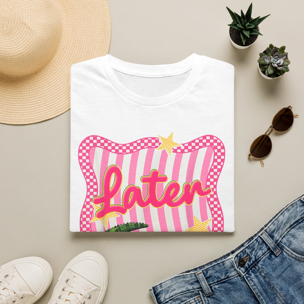 Later Graphic T‑Shirt — Retro Pink Stripe Alligator Design