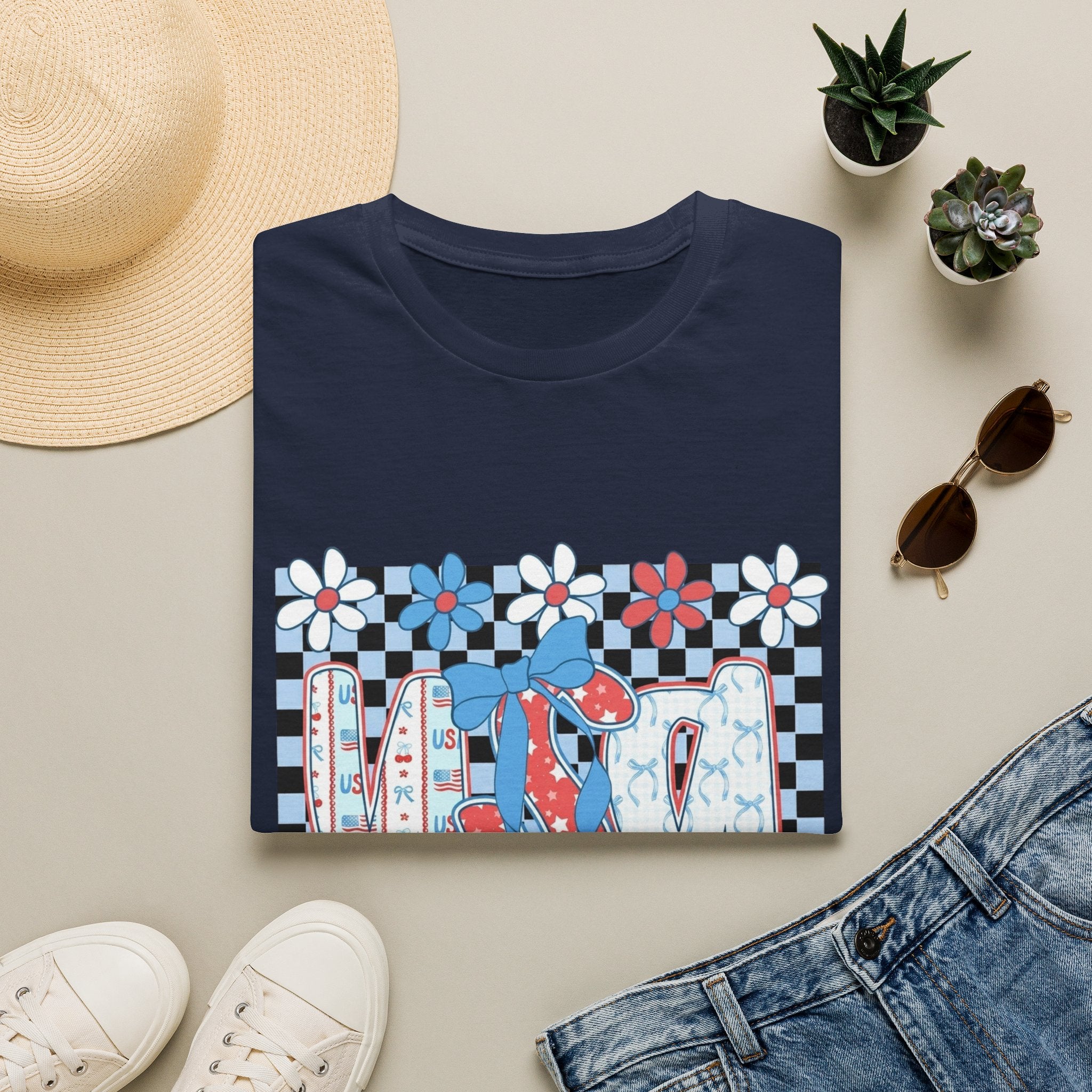 Flip Flop Summer Tee — Red Blue Floral Check Graphic T-Shirt