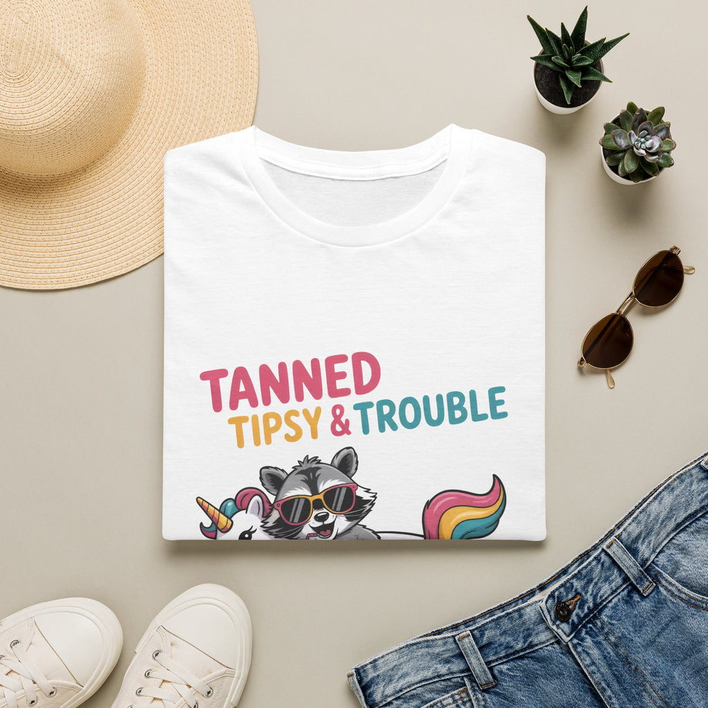 T-Shirt — "Tanned Tipsy & Trouble" Raccoon Summer Tee