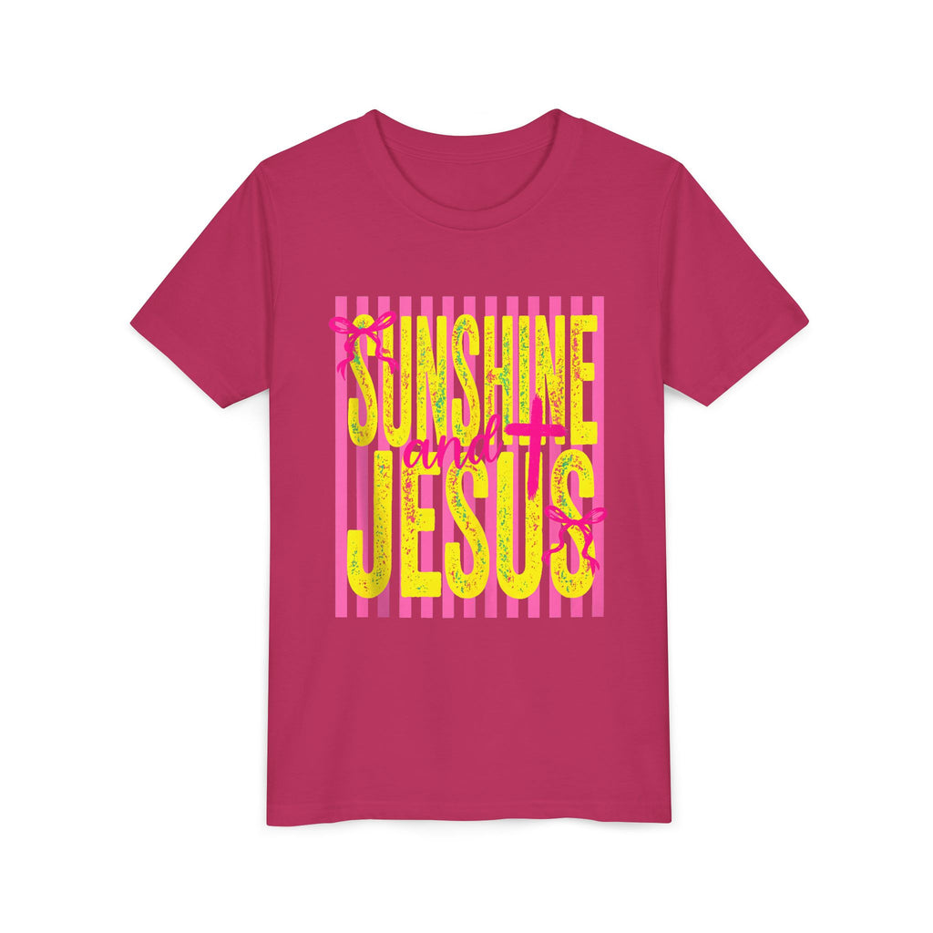 Youth Tee — "Sunshine and Jesus" Pink & Yellow Striped Christian Graphic