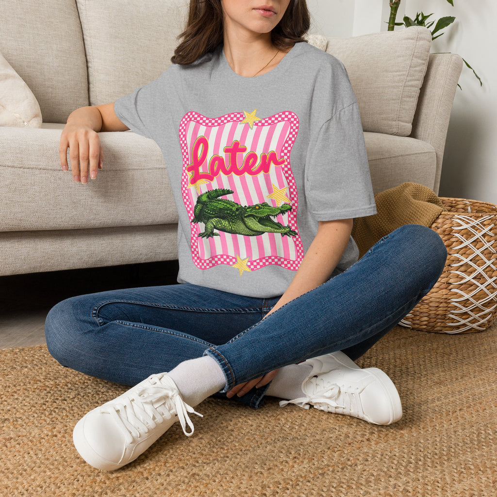 Later Graphic T‑Shirt — Retro Pink Stripe Alligator Design