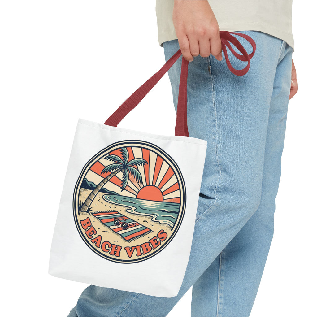 Beach Vibes Tote Bag – Retro Sunset Palm Canvas Beach Tote