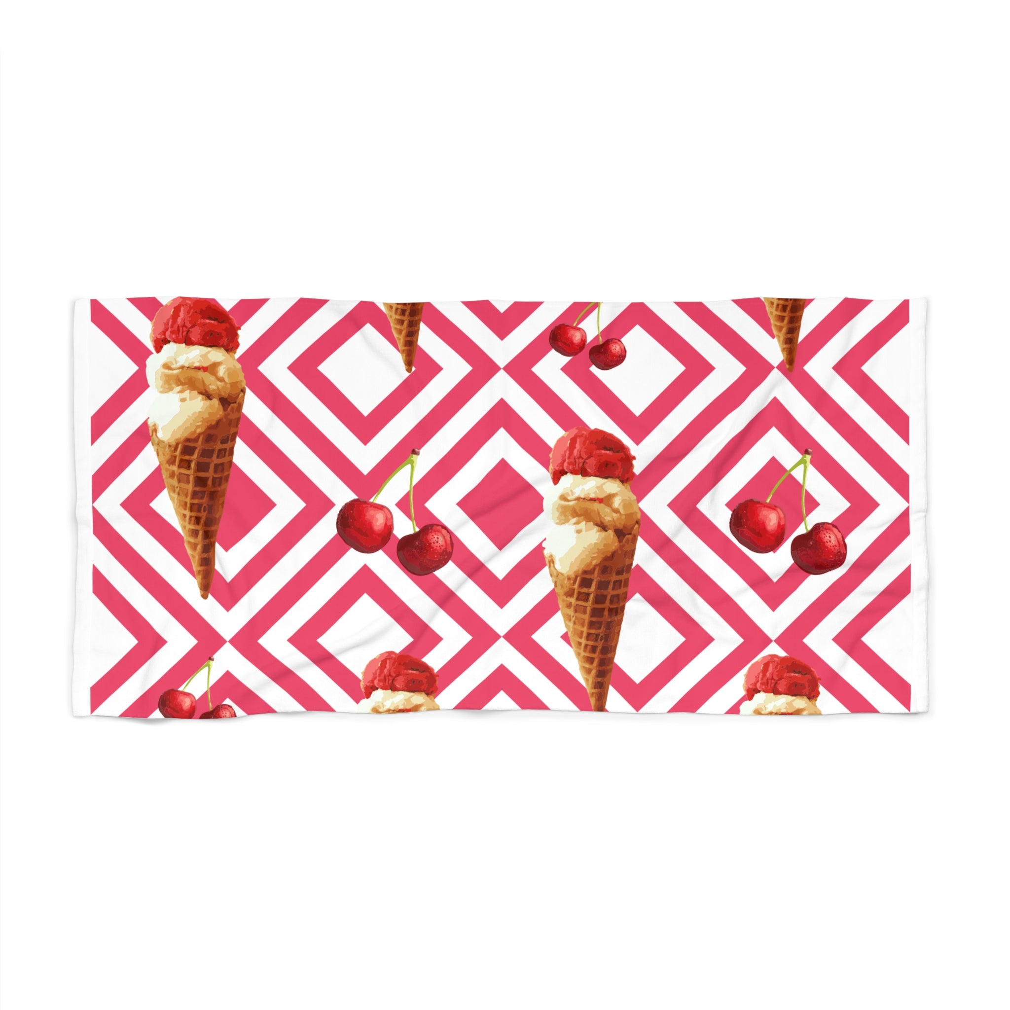 Ice Cream & Cherries Beach Towel — Retro Geometric Pink Summer Throw