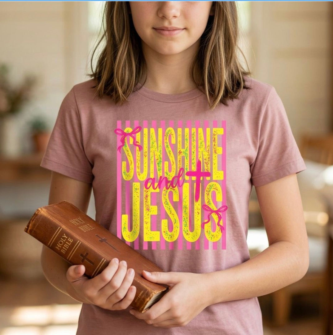 Youth Tee — "Sunshine and Jesus" Pink & Yellow Striped Christian Graphic