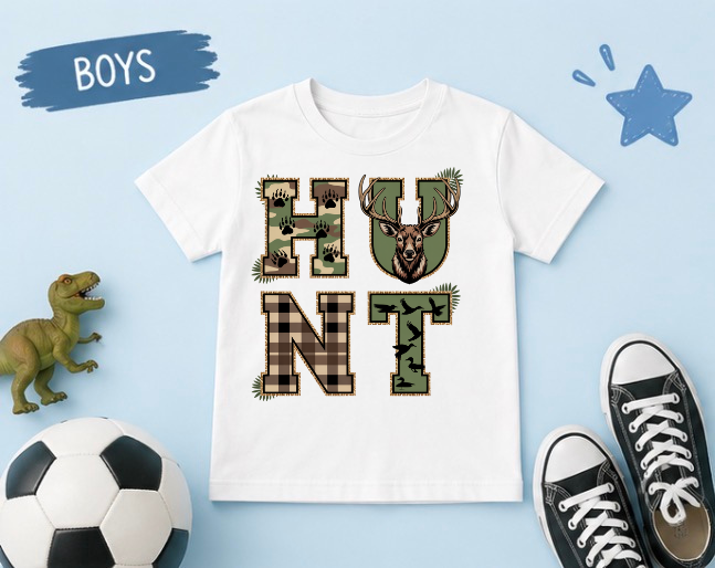 Camouflage 'HUNT' Kids T-Shirt | Deer Antler Plaid Hunting Design