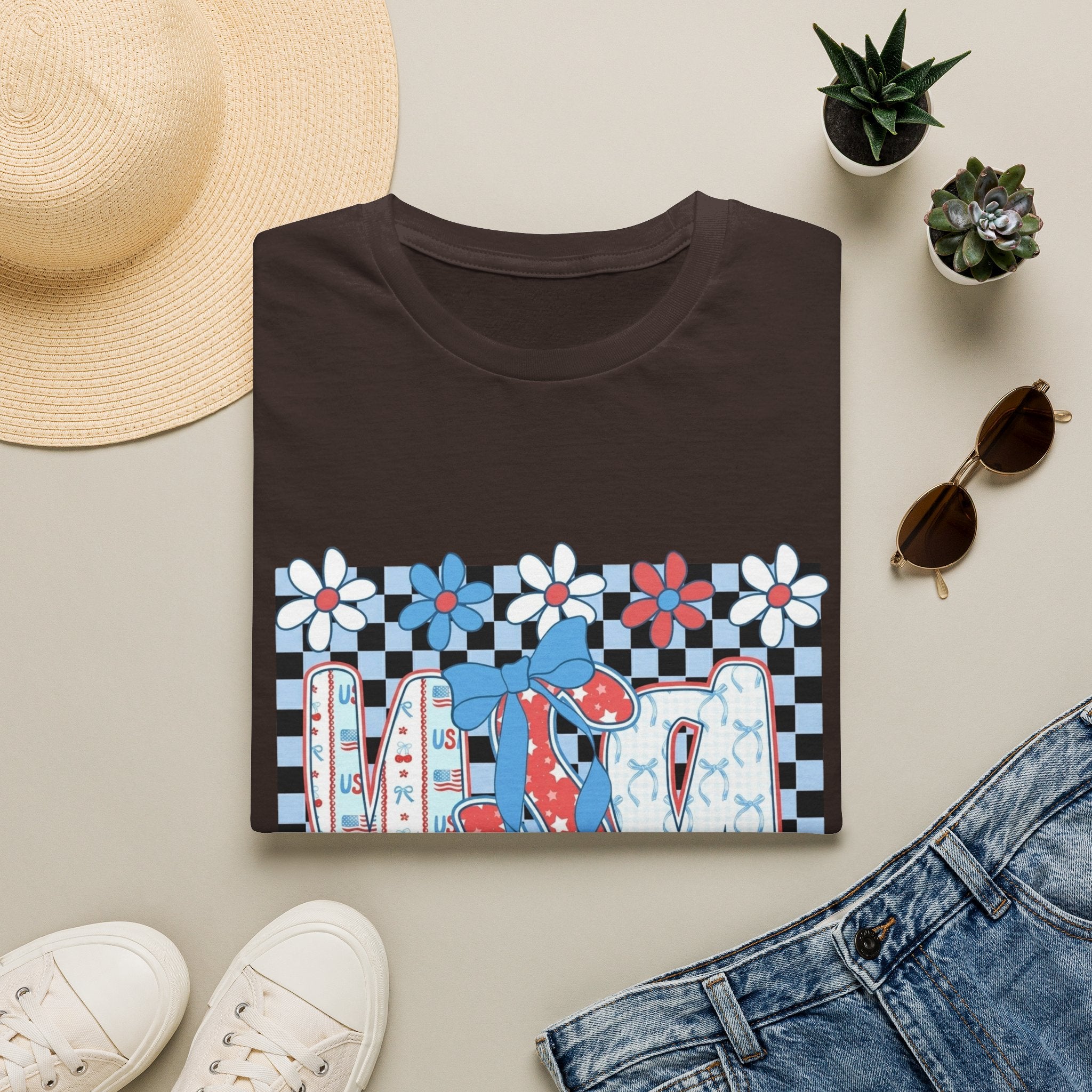 Flip Flop Summer Tee — Red Blue Floral Check Graphic T-Shirt
