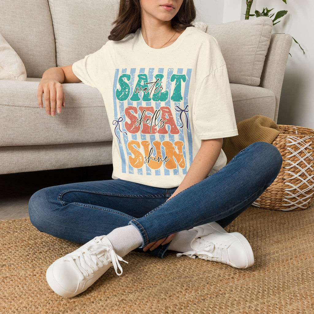 Beach Vibes T-Shirt — "Salt Water, Sea Shells, Sun" Retro Stripes