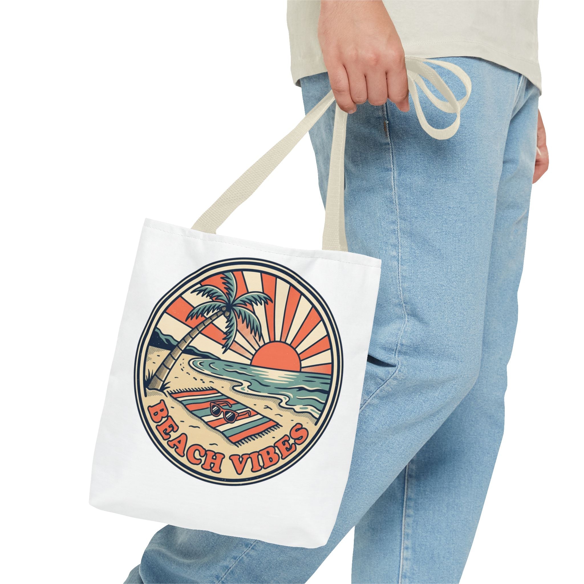 Beach Vibes Tote Bag – Retro Sunset Palm Canvas Beach Tote