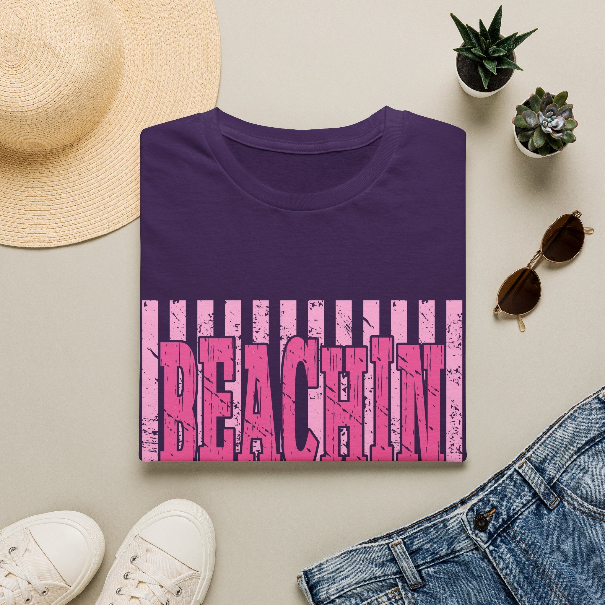 Beachin' Pink Striped Graphic T-Shirt | Summer Beach Vibes