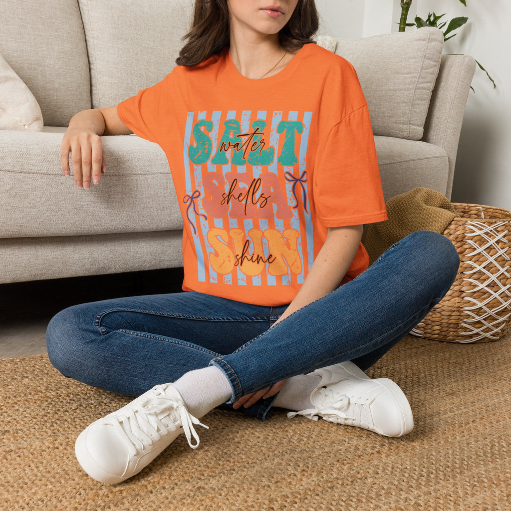 Beach Vibes T-Shirt — "Salt Water, Sea Shells, Sun" Retro Stripes