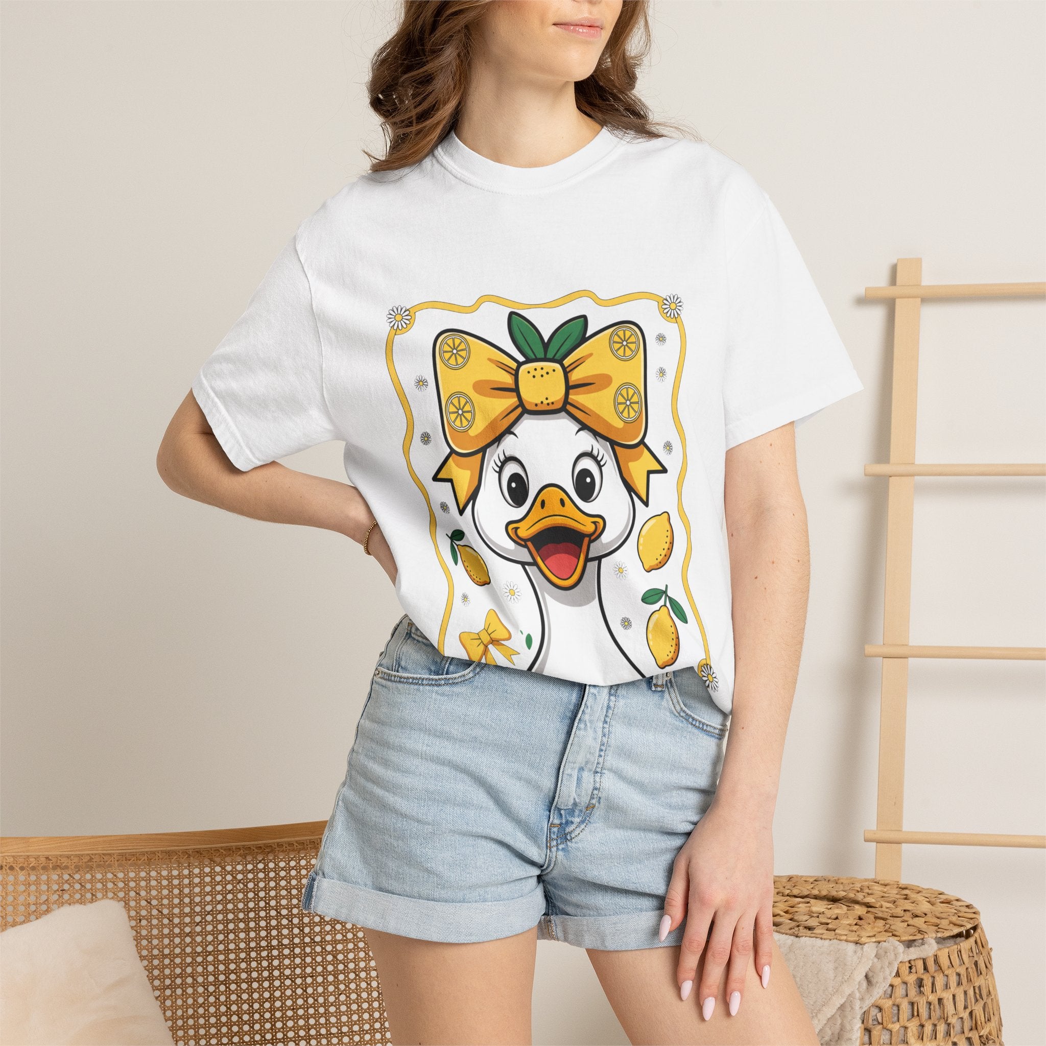 Cute Lemon Duck T-Shirt — Whimsical Duck with Bow Graphic Tee