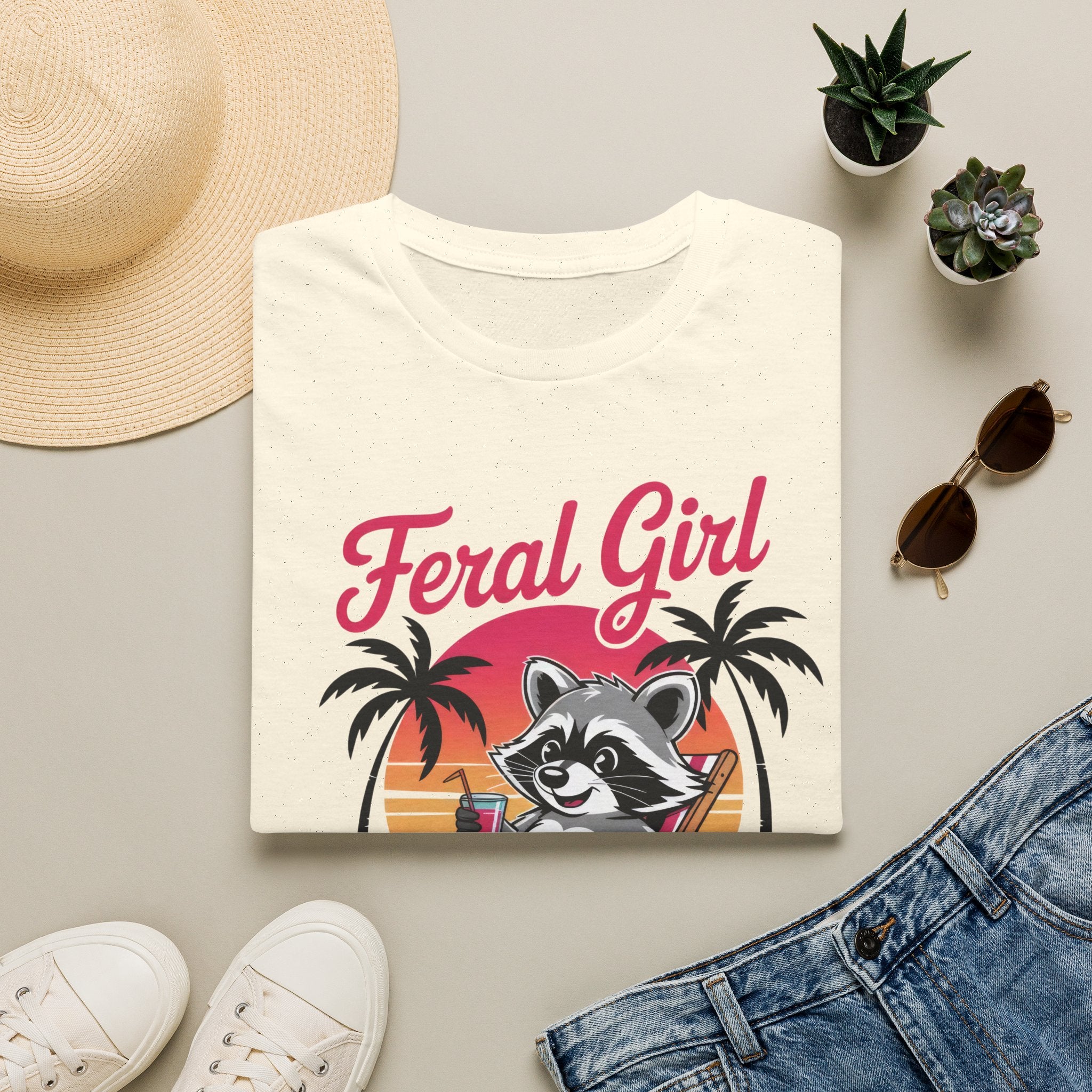 Feral Girl Summer T-Shirt — Retro Raccoon Beach Graphic Tee