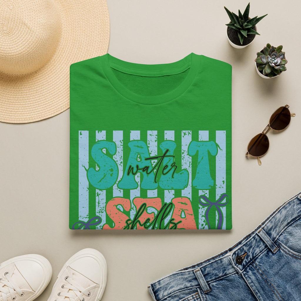 Beach Vibes T-Shirt — "Salt Water, Sea Shells, Sun" Retro Stripes