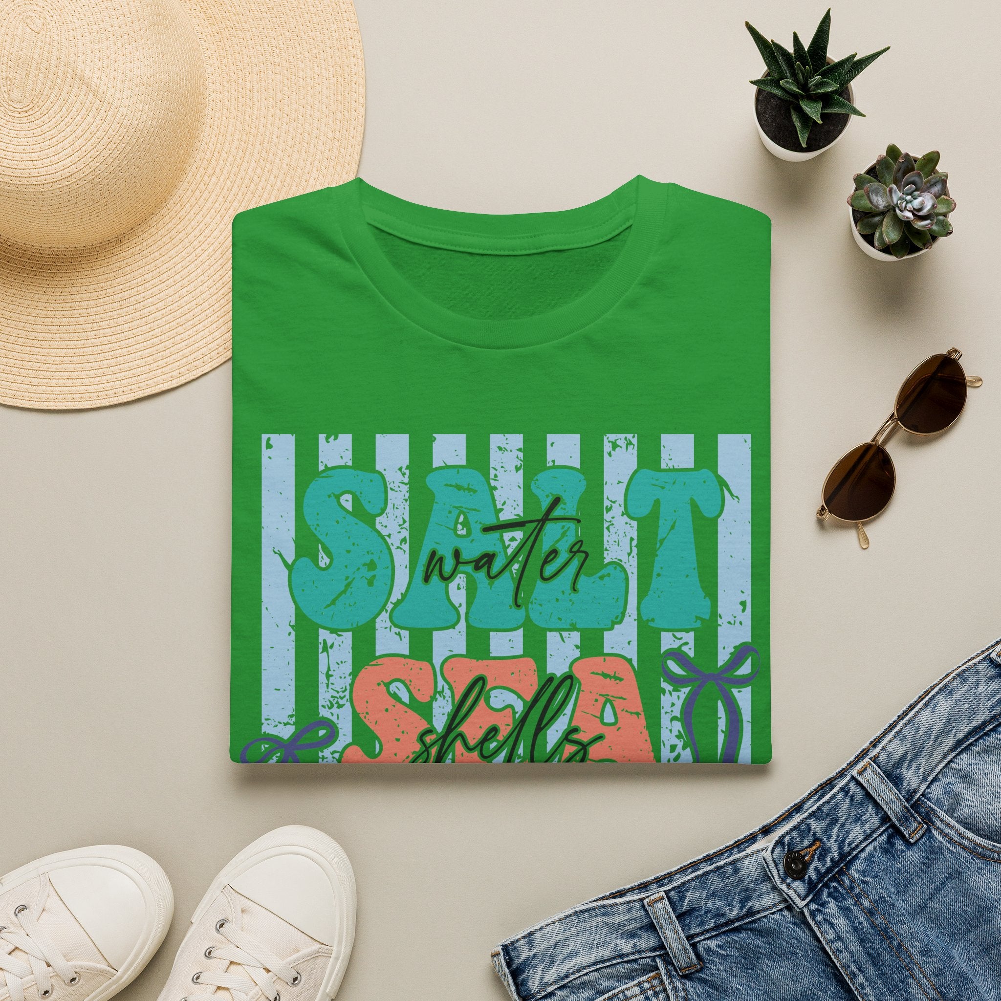 Beach Vibes T-Shirt — "Salt Water, Sea Shells, Sun" Retro Stripes