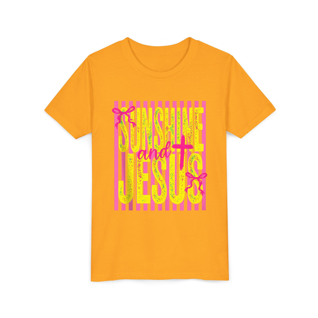 Youth Tee — "Sunshine and Jesus" Pink & Yellow Striped Christian Graphic