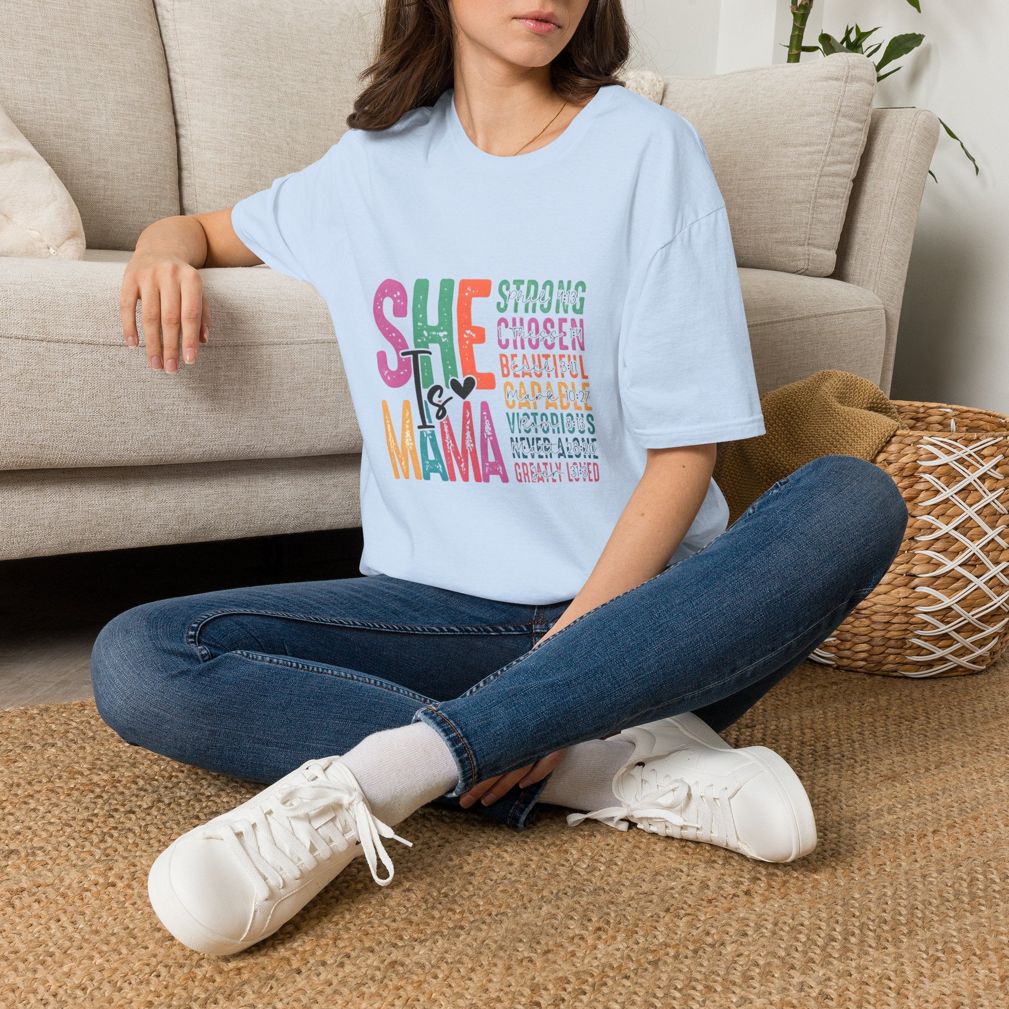 Mama T-Shirt — "She is Mama" Inspirational Mom Shirt (Strong • Chosen • Beautiful)