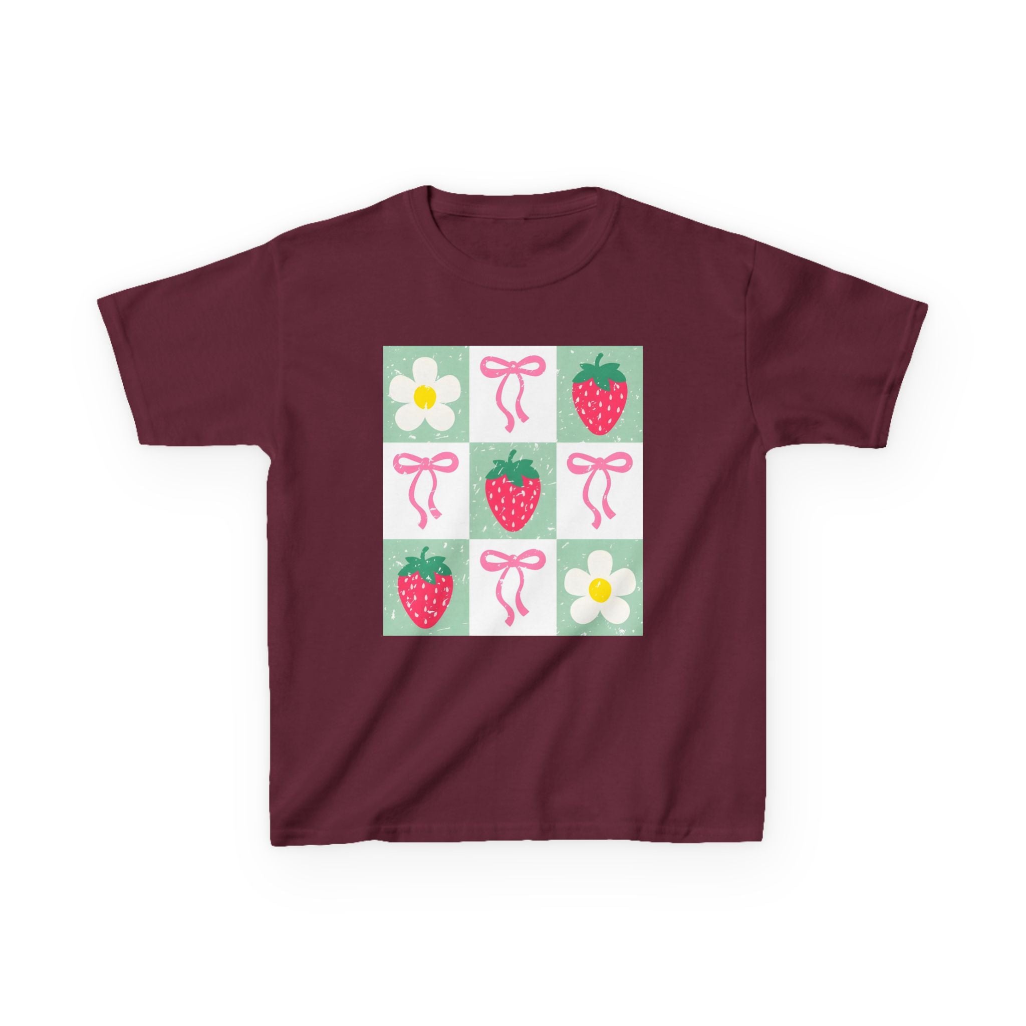 Kids Strawberry Grid Tee — Cute Strawberry & Flower Graphic T-Shirt