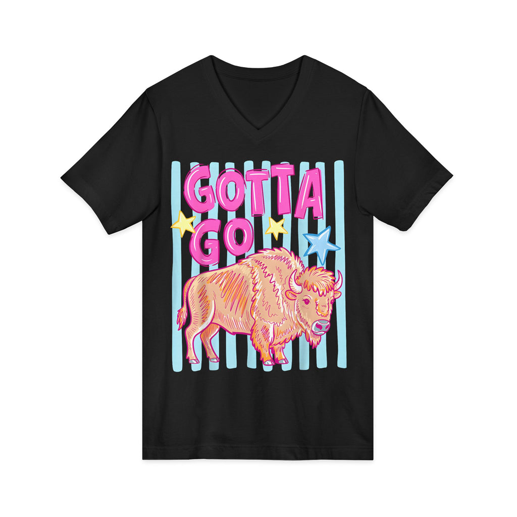 Gotta Go Buffalo V-Neck Tee — Retro Pastel Bison Graphic T-Shirt