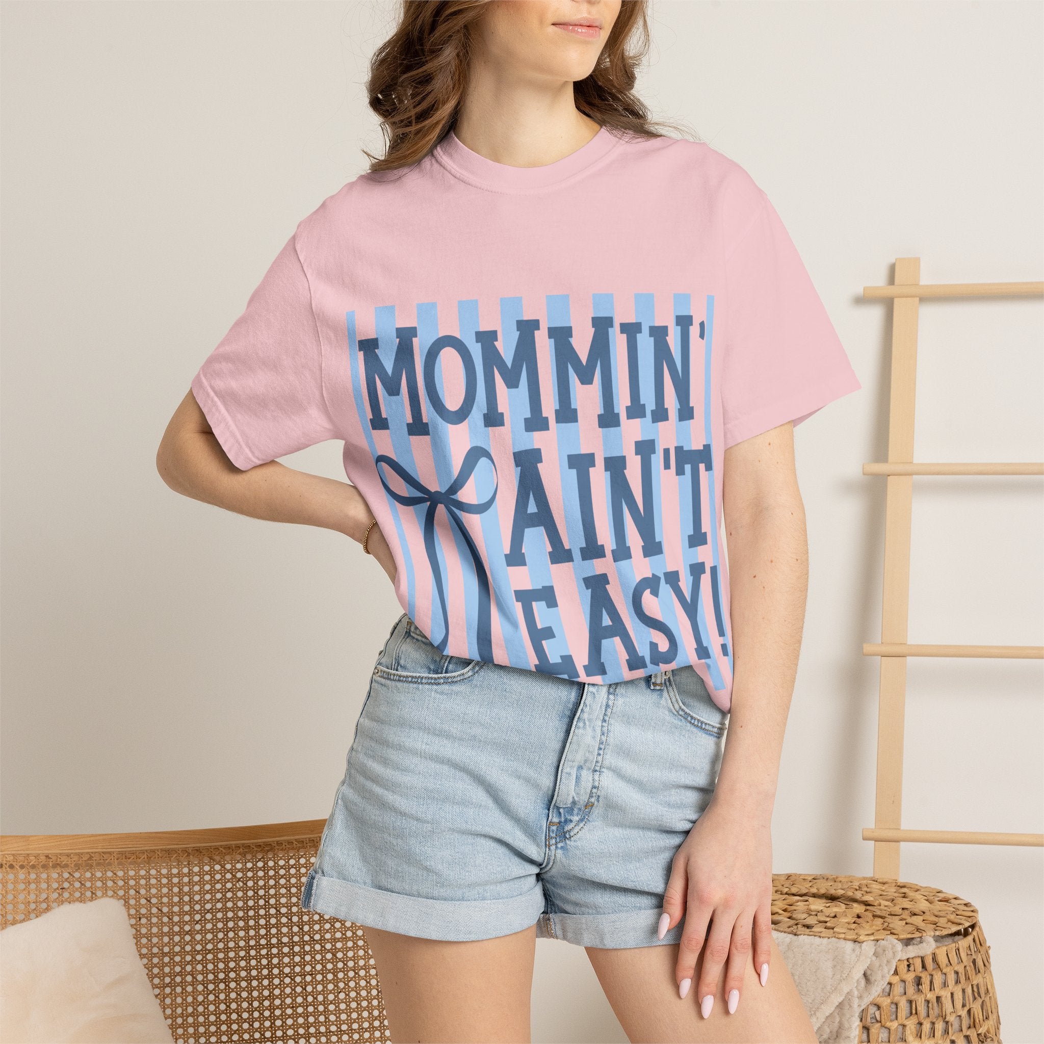 Mommin' Ain't Easy T-Shirt — Funny Mom Gift, Blue Striped Mother's Day Tee